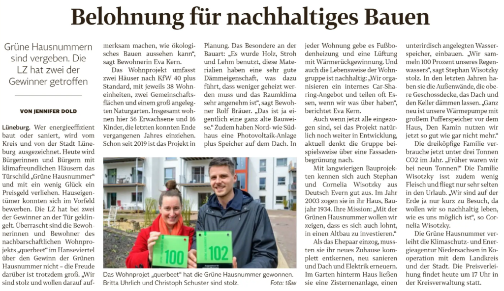 Zeitungsartikel zur Verleihung der Grünen Hausnummern 2024. 